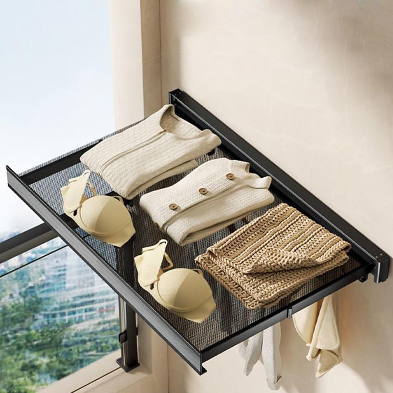 Net Pocket Retractable Invisible Drying Rack, Mesh Clothes Drying Rack Shelf Wall Mounted