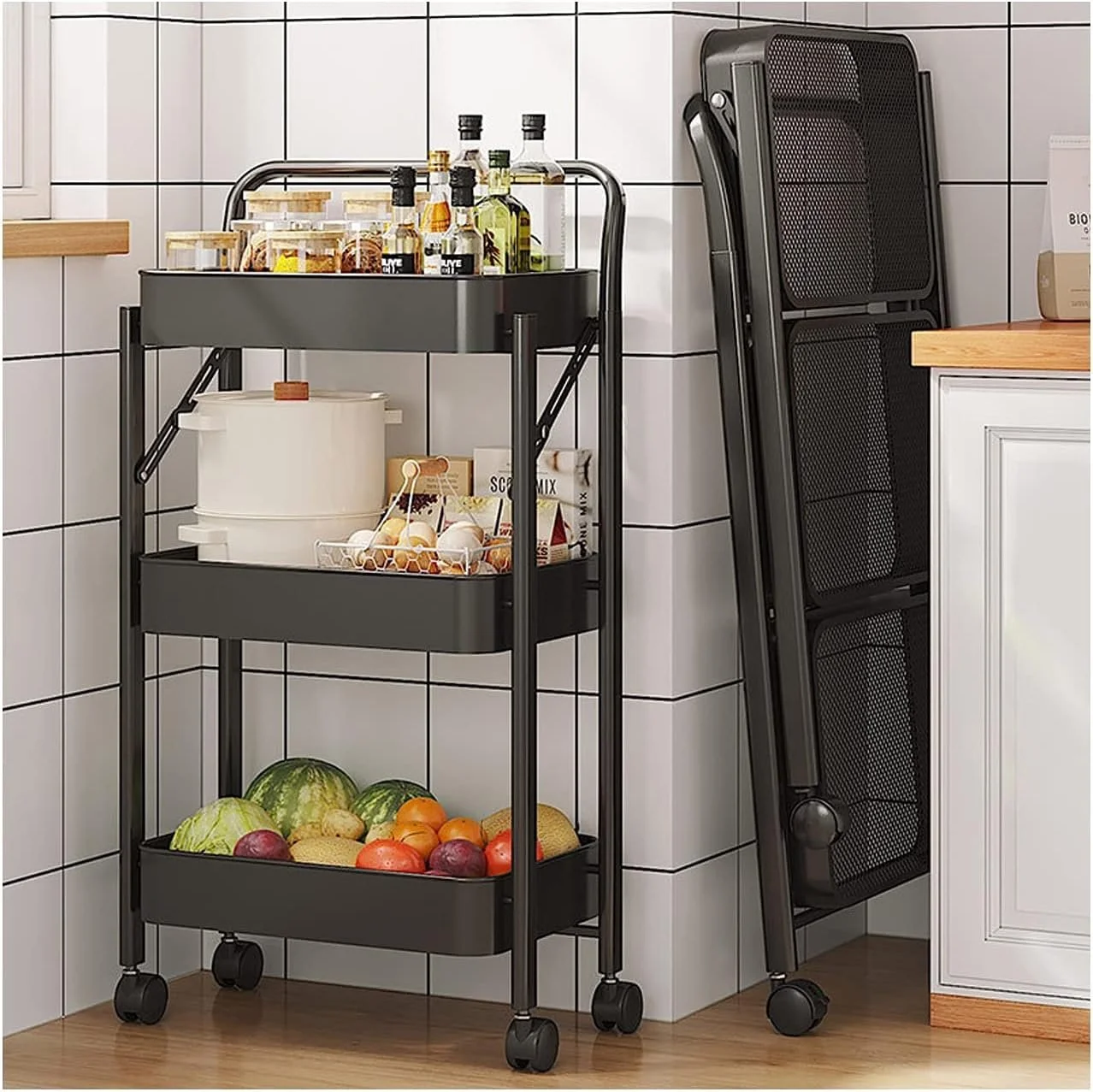 3 Tier Folding Metal Rolling Cart With Wheels