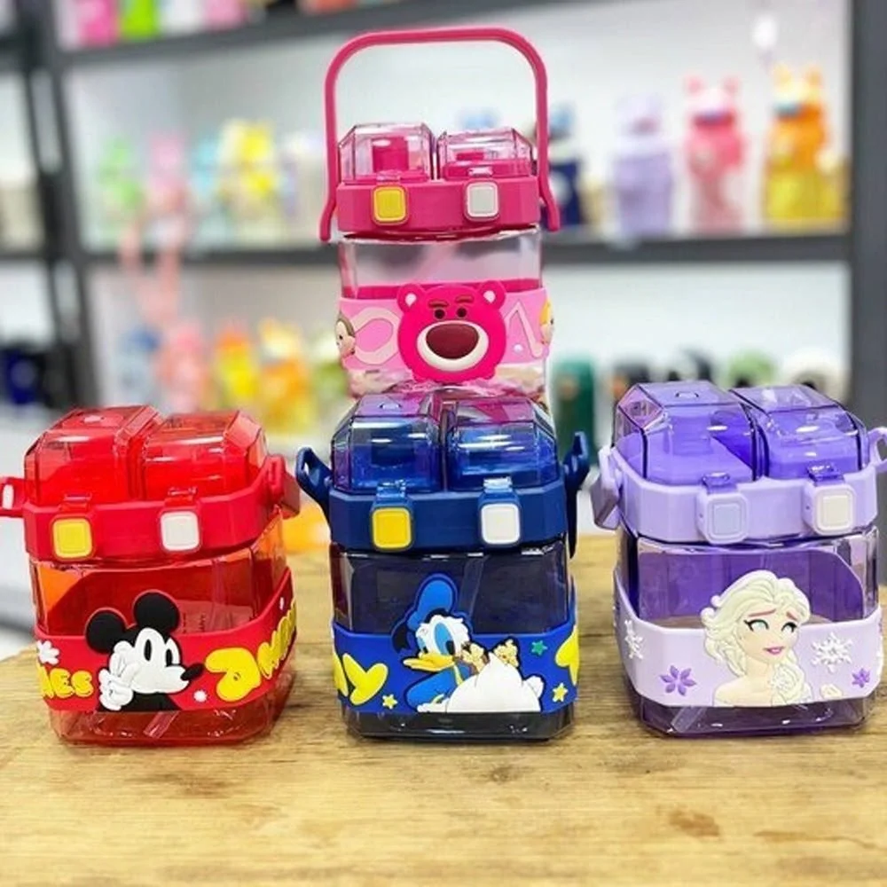 Leak Proof Kids Cartoon Square Water Bottle with Double Silicone Straws Lid
