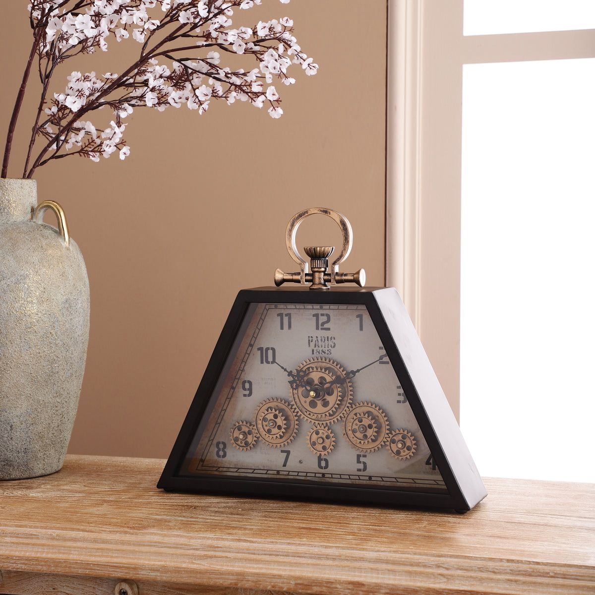 FIRE PLACE CLOCK WITH VISIBLE MOVING MECHANISM