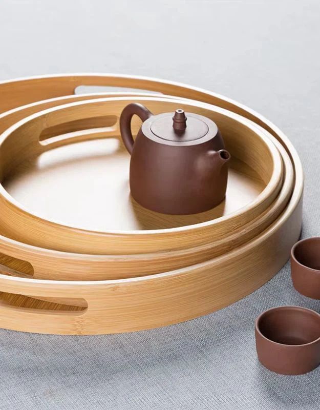 Tableware Soft Wooden Bamboo Round Serving Tray with Handles