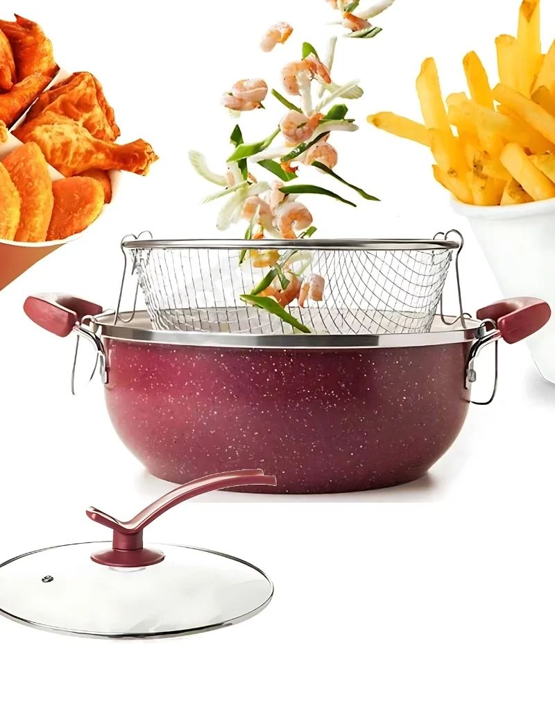 𝗛𝗼𝘁𝗖𝗵𝗲𝗳 Marble Fryer Pot With Fry Basket and Glass Lid 28 CM