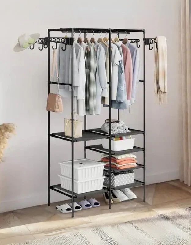 3-in-1 Metal Duty Clothes Hanging Rail Garment Rack Freestanding Wardrobe 174x86x43cm