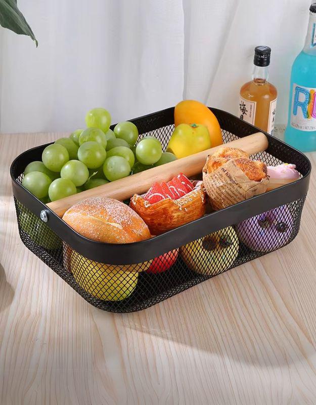 Portable Metal Mesh Basket with Divider Wooden Handle Storage Pantry