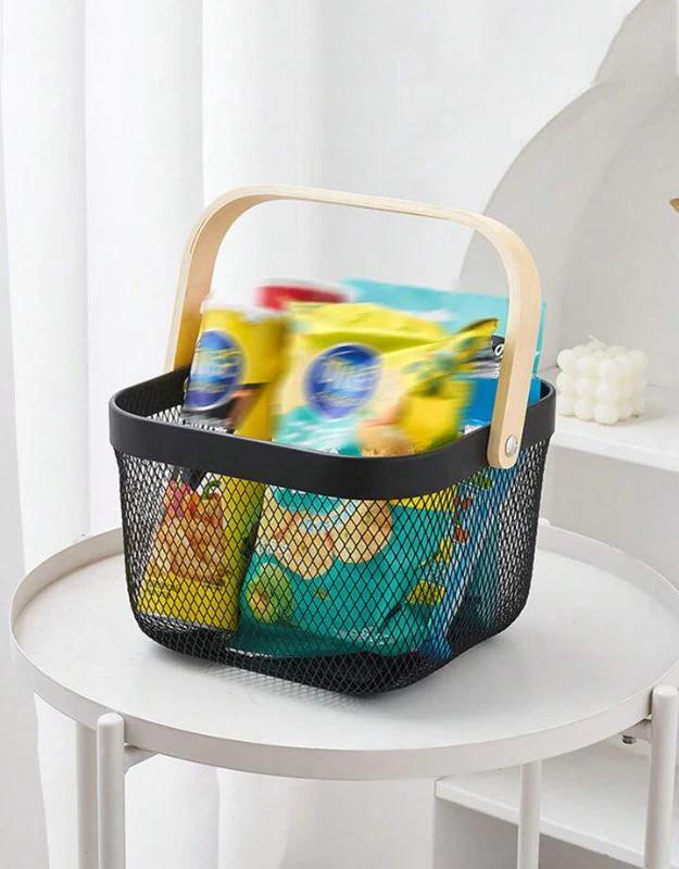 Metal Mesh Basket with Wooden Handle Storage Pantry Organizer Squared