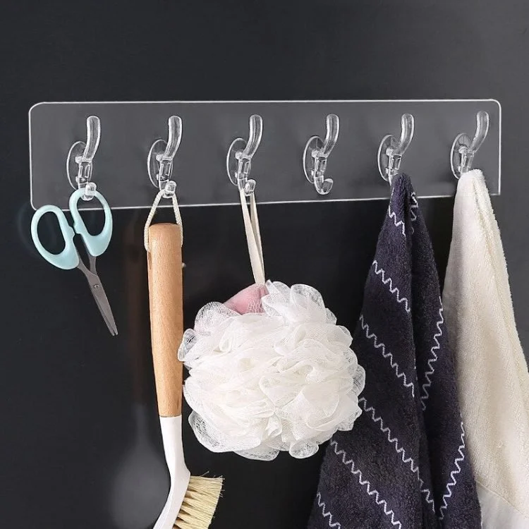 6 Row Transparent Wall Hook Strong Self Adhesive Door Wall Hangers for Kitchen Bathroom