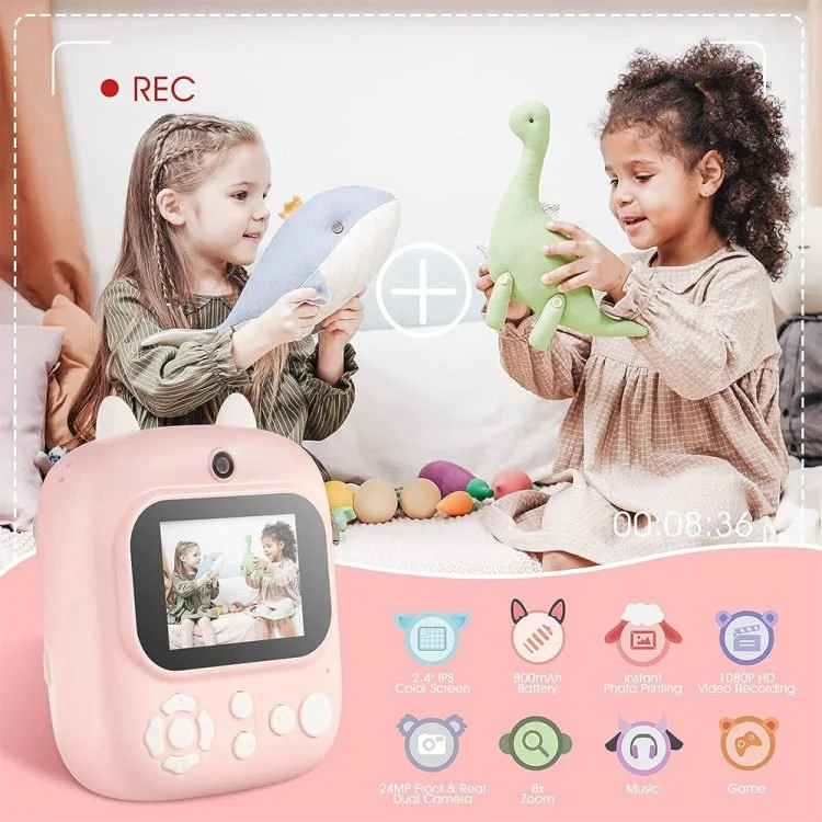 P2 Kids Instant Print Digital Camera 2.4' Screen Dual Lens 1080P 8X Zoom Children Selfie Printable Camera Toy Gift with Game