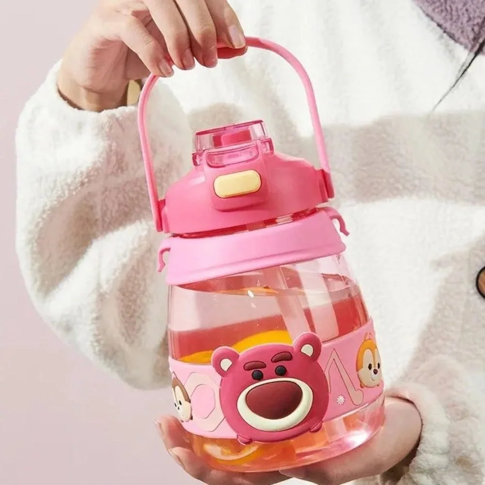 Water Bottle with Handle and Ribbon Strap and Silicone Straw Lid 1L