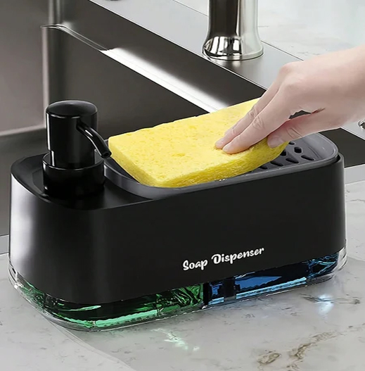Dish Soap Dispenser Kitchen,2-in-1 Countertop Dish Soap Dispenser Set,Black Hand Washing Liquid Dispenser Set with 1 Sponge Holder,for Kitchen Sink Bathroom Countertop Storage Organizer