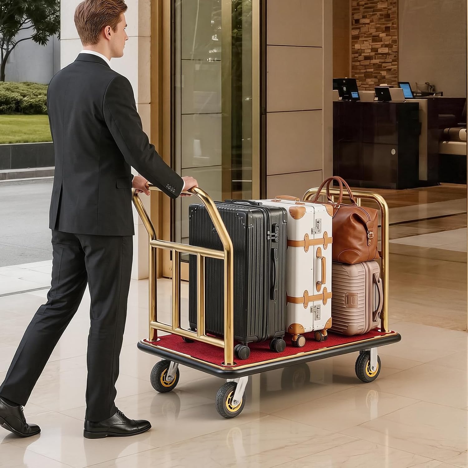 Gilprop Hotel Luggage Cart Bellman's Cart Rectangular Steel Deluxe Platform Truck Holds 850lbs of Luggage(Red)