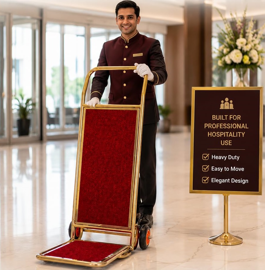 L Shaped Gold Plated Foldable Luggage Cart Trolley with 6" Heavy Gripped Wheels & Red Carpet for Heavy Duty Use (Base Carpet Area: 14" x 20" & Vertical Support Area: 14" x 32" Approx)