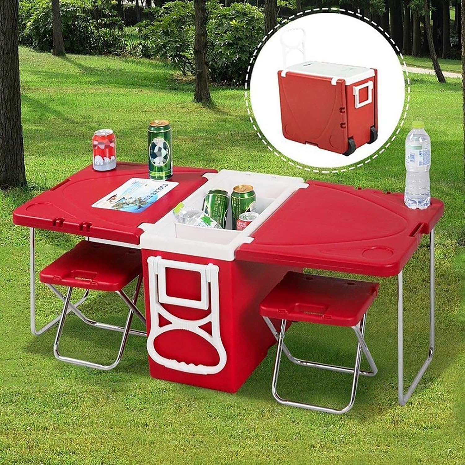 Rolling Cooler,32L Rolling Cooler Ice Chest Camping Outdoor Picnic Portable Heat Insulation Box with Table and Chair