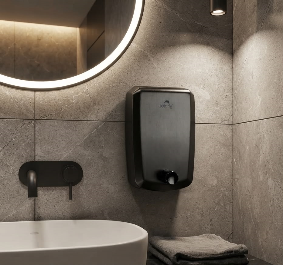 Dolphy Stainless Steel Liquid Soap Dispenser – 1000ML, Black Wall Mounted, Durable & Stylish Design, Easy Refill, Ideal for Bathroom, Kitchen, Hotel & Commercial Use