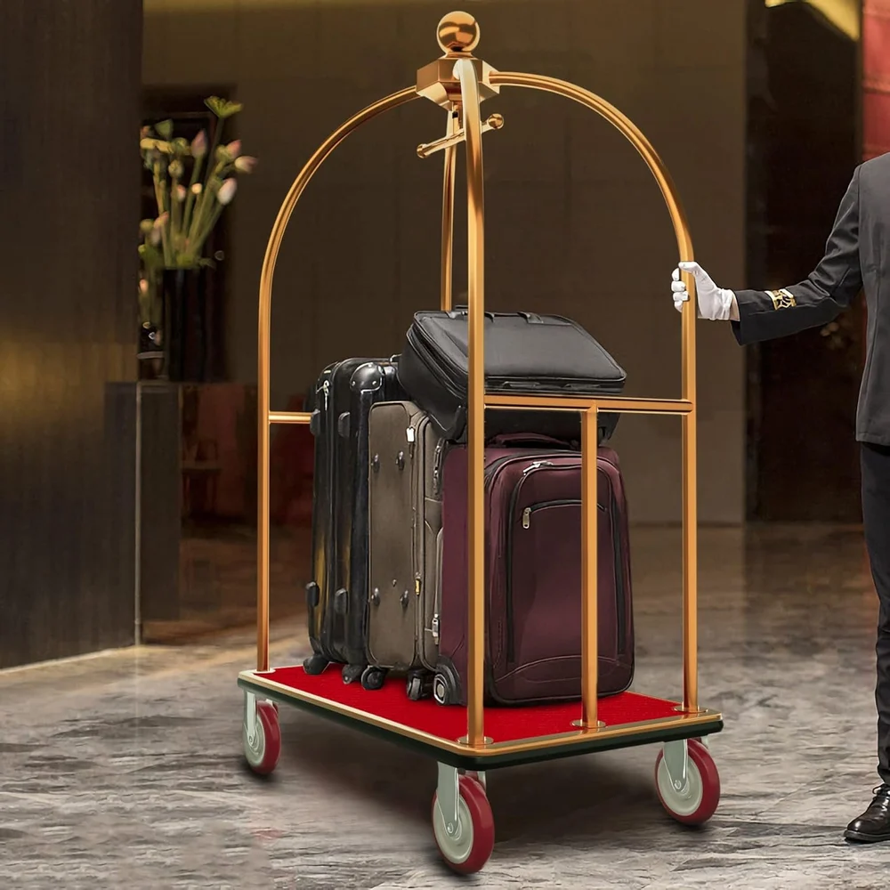 Stainless Steel Luggage Trolley Heavy Duty With Carpeted Platform For Hotel And Public Areas