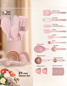 21 Pieces Silicone Kitchenware Utensil Set Pink Black & Grey - Image 2