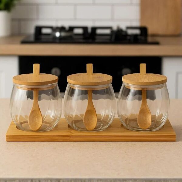 Set of 3 Round Glass and Bamboo Spice Jars