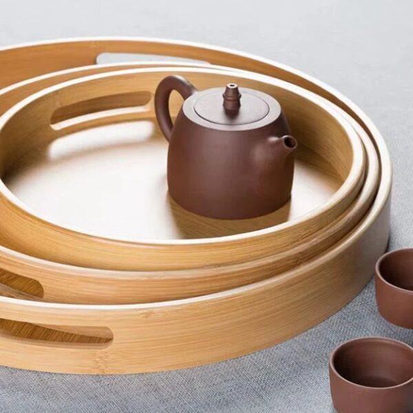 Tableware Soft Wooden Bamboo Round Serving Tray with Handles