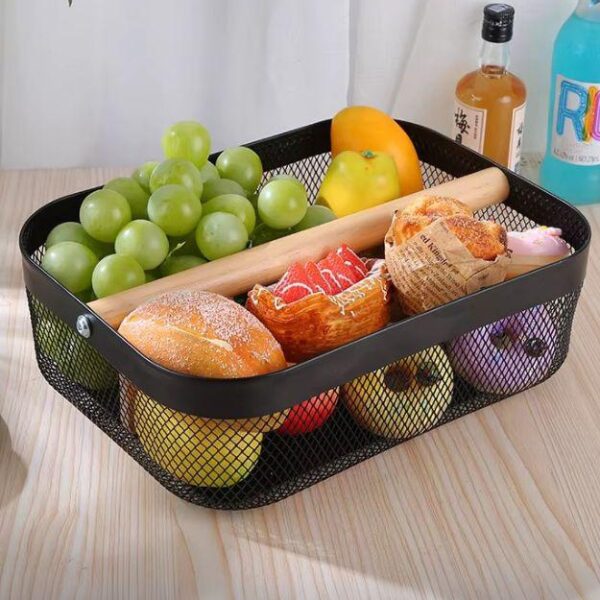 Portable Metal Mesh Basket with Divider Wooden Handle Storage Pantry