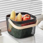 Metal Mesh Basket with Wooden Handle Storage Pantry Organizer Squared