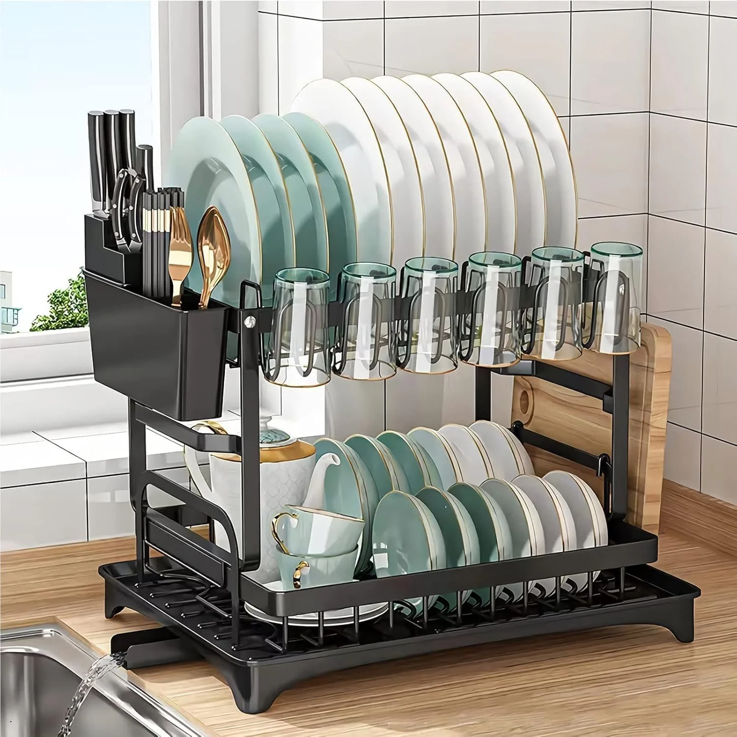 715HDRVaGpL._AC_SL1500_ 2 Tier Black Dish Drying Rack with Drip Tray, Stainless Steel Dish Rack - Image 1