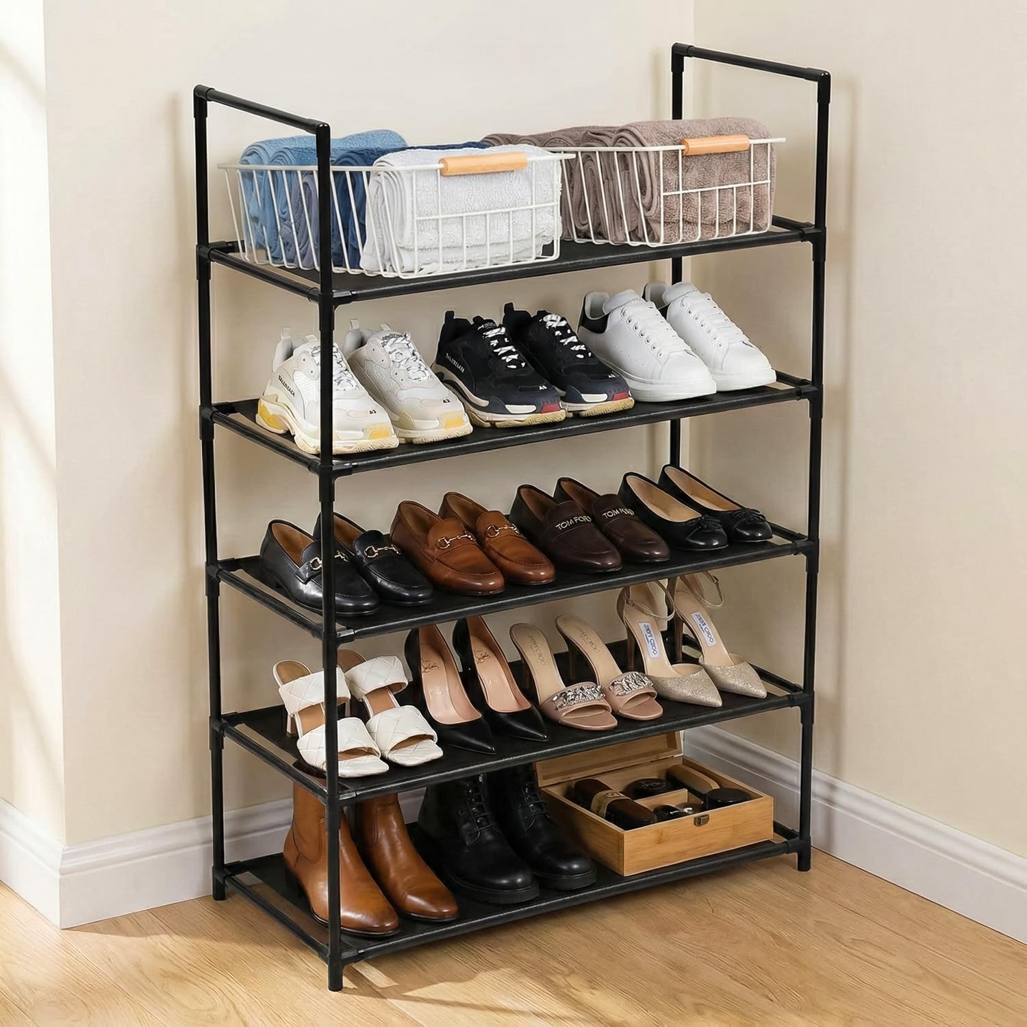 71Rn8tFoLzL._AC_SL1500_ 5/6 Tier Shoe Rack, Heavy duty storage unit, Quick Assembly No Tools Required - Image 1