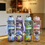 JOUET 700 ml Kids Water Bottle with Flip Top Straw Lid, Leakproof Lock, Carry Strap, Cute Space Print, Lightweight Durable Plastic, Slim Easy Grip Design for School & Travel