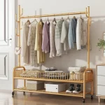 Golden Clothes Rack with Shoe Storage, Shelves & Side Hooks