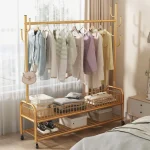 Golden Clothes Rack with Shoe Storage, Shelves & Side Hooks - Image 2