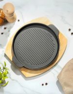 Heavy Round Shape Cast Iron Steak Plate Griddle With Wooden Base