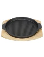 Heavy Round Shape Cast Iron Steak Plate Griddle With Wooden Base - Image 2