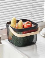 Metal Mesh Basket with Wooden Handle Storage Pantry Organizer Squared - Image 2