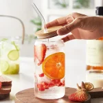 Cans Glass Cola Juice Water Cup With Bamboo Wood Lid and Straw - Image 3