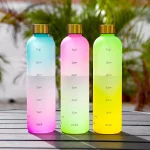 Cute 1 Litre Eco-Friendly Tritan Plastic Water Bottles for Women with Drinking Time Markers and a Stylish Gold Lid.