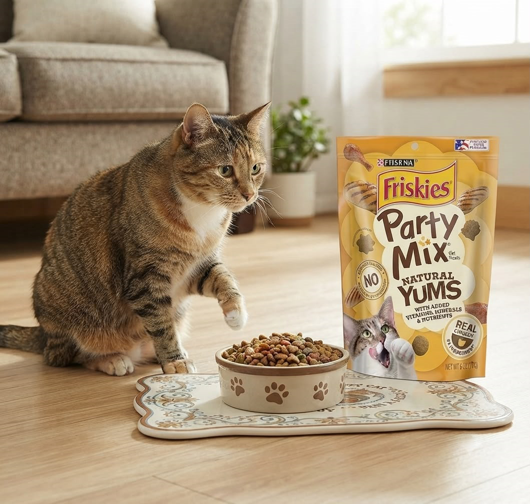 728d641e-3bd8-4dc5-8eb5-65fa016c6394 copy Purina Friskies Natural Cat Treats, Party Mix Natural Yums With Real Chicken & Vitamins, Minerals & Nutrients - (Pack of 6) 6 oz. Pouches - Image 1