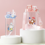 Double Straw Water Bottle - Cute 580ml Portable Cup With Double Flange, Acrylic Sports Bottle, Funny Cartoon Standard
