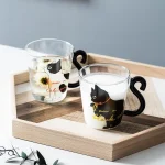 Glass Water Cup Creative Cute Cat Mug Tail Handle – Black - Image 2