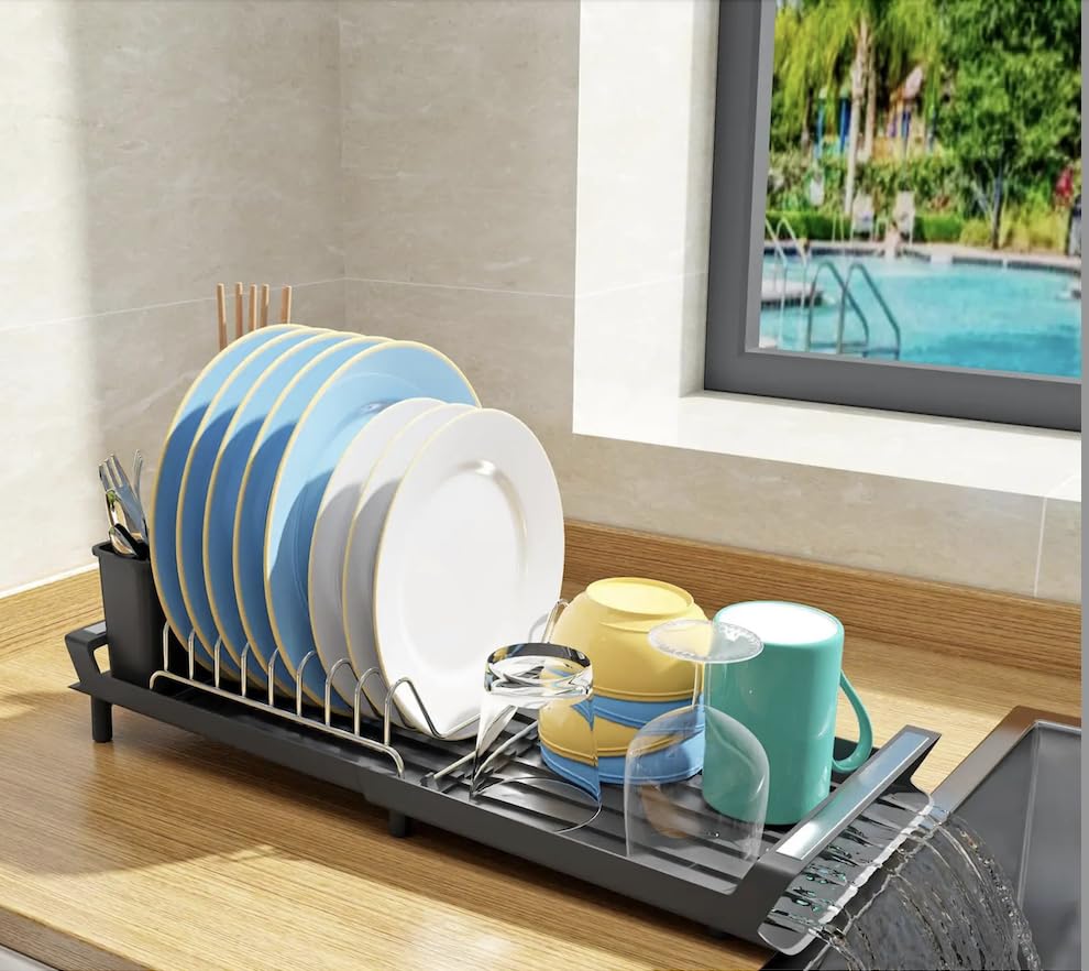 61xOLHnun9L Dish Drying Rack Extendable with Cutlery Holder with Drainboard Dish Drainer Black - Image 1