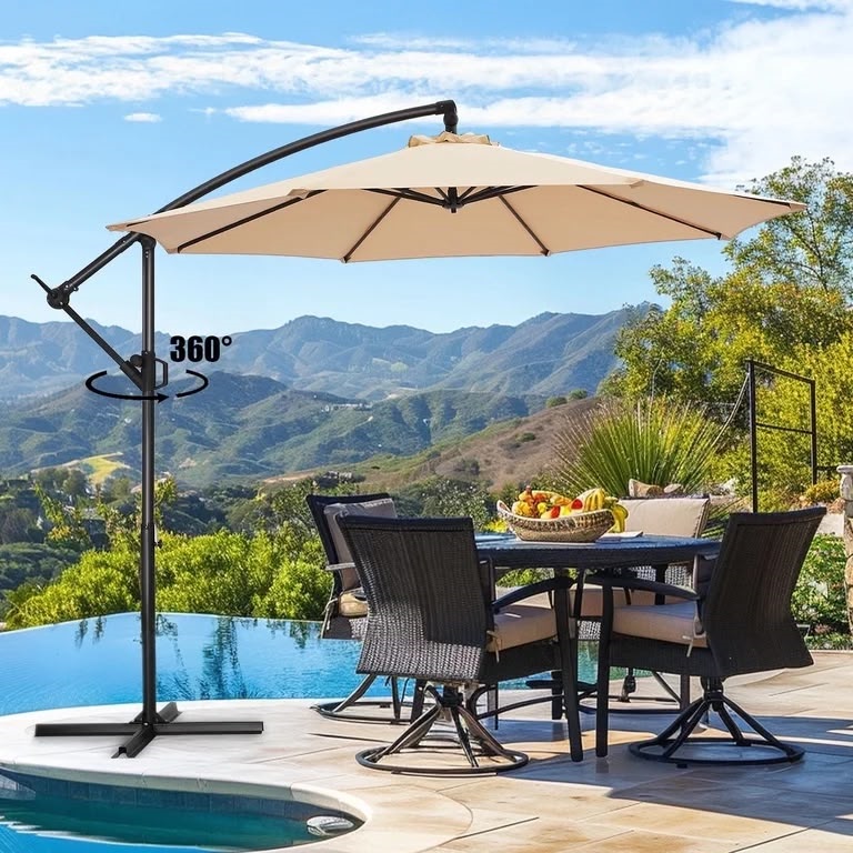 6a6a075c-6bfc-441d-8de7-9095f2f2f3f9 Off-white Offset Patio Umbrella with Cross Base - 8 Sturdy Ribs | Cantilever Outdoor Umbrella UV-Resistant Protective, Crank Lift & Tilt, Waterproof Market Parasol de Patio For Deck, Backyard - Image 1