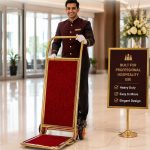 L Shaped Gold Plated Foldable Luggage Cart Trolley with 6" Heavy Gripped Wheels & Red Carpet for Heavy Duty Use (Base Carpet Area: 14" x 20" & Vertical Support Area: 14" x 32" Approx)