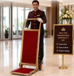 L Shaped Gold Plated Foldable Luggage Cart Trolley with 6" Heavy Gripped Wheels & Red Carpet for Heavy Duty Use (Base Carpet Area: 14" x 20" & Vertical Support Area: 14" x 32" Approx)