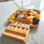 Home Bamboo Squared Cheese Board Wooden Serving Tray with Cutlery in Slide-Out Drawer