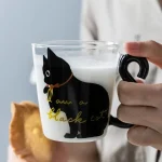Glass Water Cup Creative Cute Cat Mug Tail Handle – Black